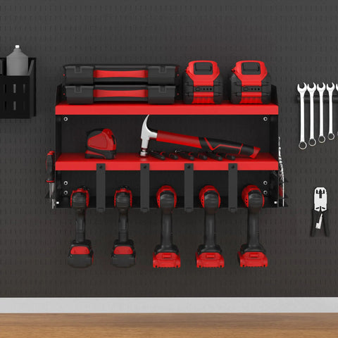 Power Tool Organizer Wall Mount With 5 Drill Slots Storage Rack And Cordless Drill Charging Station, red heavy duty steel.