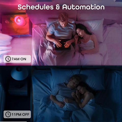 Couple in bed with Prisma Smart Light Bulbs 2-Pack Color Changing RGBW LED A19 800 Lumens Dimmable 60W Equivalent in use