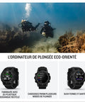 Divers underwater showcasing Descent G2 Watch Style Dive Computer With Bright AMOLED Display and Sapphire Lens 10 ATM Rating.