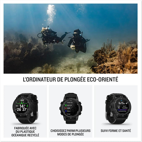 Divers underwater showcasing Descent G2 Watch Style Dive Computer With Bright AMOLED Display and Sapphire Lens 10 ATM Rating.