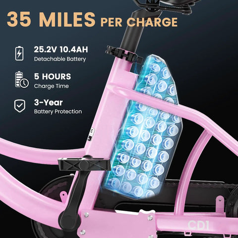 Kids Electric Tricycle 250W Three Wheel E Trike With 16 Inch Tires And Basket Anti Tip Stable Ride Quality Certified For Safe Fun Great For Neighborhood Cruises And Family Adventures. Pink frame with detachable 25.2V 10.4Ah battery