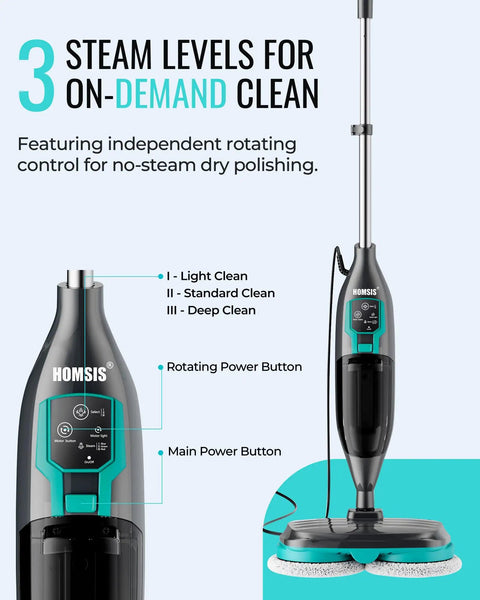 Heavy Duty Steam Mop And Electric Floor Steamer Scrubber With Rapid Electric Spin Pads For Hardwood Tile Laminate And Vinyl Kicking Grime To The Curb And Delivering A No Sweat Deep Clean Daily showing control panel and steam levels.