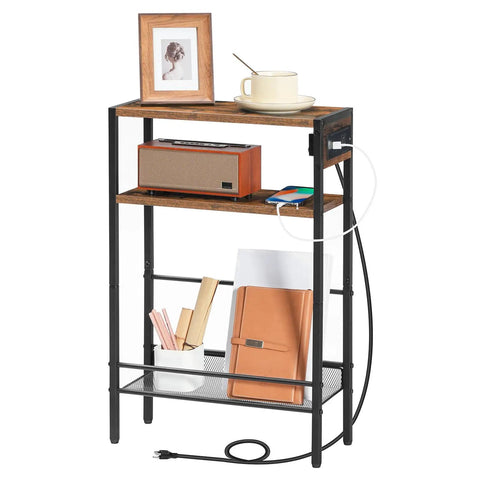 Slim Side Table With Charging Station And USB Ports For Small Spaces, Narrow End Table With Storage Shelf, Compact Nightstand