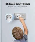 Child reaching up to plug Europe to US Plug Adapter for Travel No Fuss EU to US Converter into wall outlet