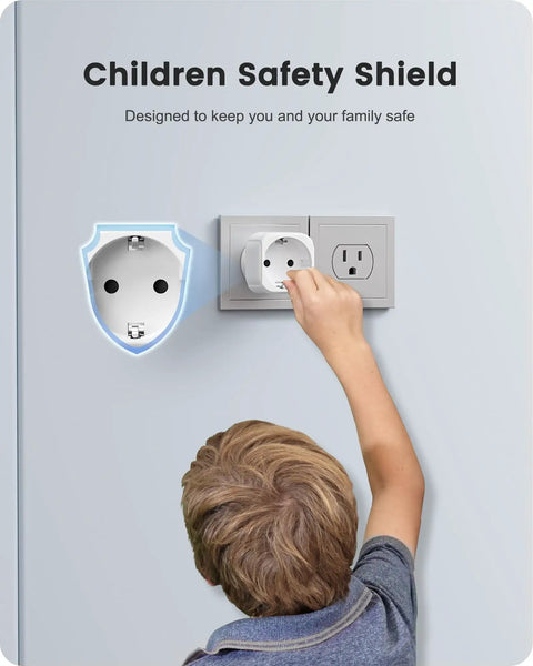 Child reaching up to plug Europe to US Plug Adapter for Travel No Fuss EU to US Converter into wall outlet