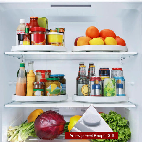 12 Inch Non Skid Turntable Lazy Susan Organizer 4 Pack in fridge with spices, cans, and essentials; anti-slip feature shown