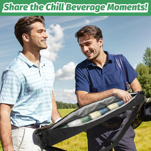 Golfers using Cooler Beer Sleeve With Six Ice Pucks Keeps Seven 12 Oz Cans Cold In Your Golf Bag On The Course Easy Access