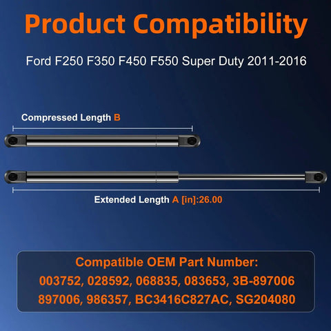Front Hood Strut Lift Support Pair For Ford F Series 2011-2016 F250 F350 F450 F550 Super Duty, OEM part numbers shown