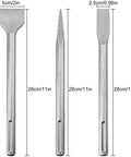 Three 11-inch SDS-Max masonry chisel bits for hammer drills: 50mm wide flat, 25mm wide flat, pointed.