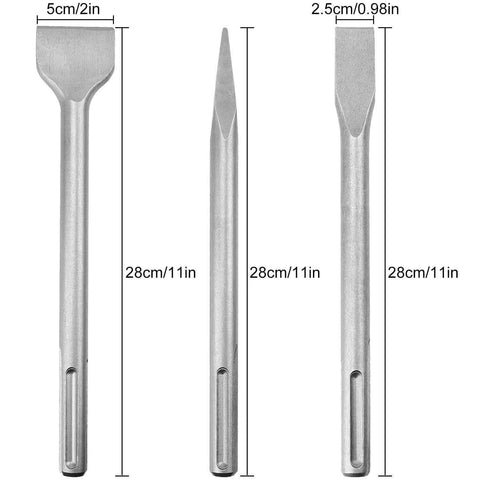 Three 11-inch SDS-Max masonry chisel bits for hammer drills: 50mm wide flat, 25mm wide flat, pointed.