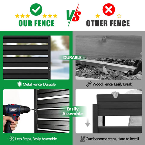Comparison of outdoor privacy screens showing durable metal panel vs wood panel, easy assembly for black metal fence panels.