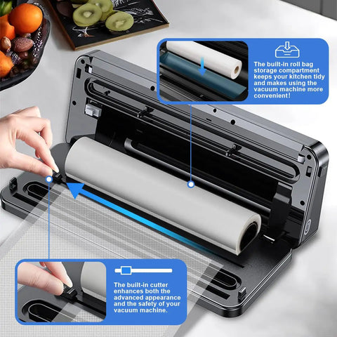 Close-up of 8 In 1 Food Vacuum Sealer Machine With Canning Sealer, Built In Cutter and Bag Storage compartment