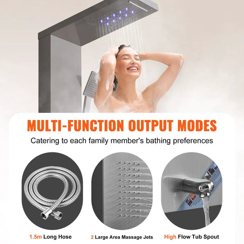 Slick Stainless Steel Shower Panel Tower Featuring Five Kickass Spray Modes, Smooth Knob Control, Rainfall Showerhead, Waterfall Stream, Dual Body Massage Jets, Bathtub Spout, And Handheld Sprayer Kit