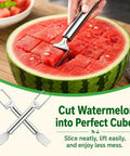 Using 2-In-1 Watermelon Fork Cutter With Dual Head Knife And Fork to slice watermelon into cubes on kitchen counter.