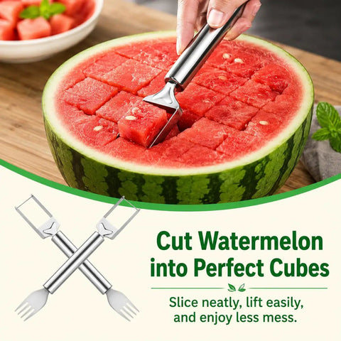 Using 2-In-1 Watermelon Fork Cutter With Dual Head Knife And Fork to slice watermelon into cubes on kitchen counter.