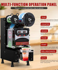 Straight Up Heavy Duty Commercial Boba Cup Sealer Machine With Digital Control Dual Auto Manual Modes Cranks Out 700 Cups Per Hour Top Shelf Construction For Coffee Stands showing multi-function operation panel details.