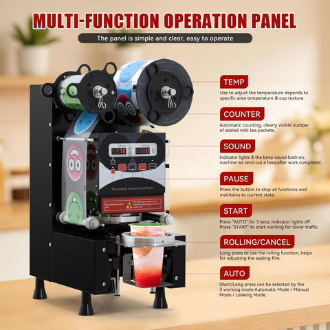 Straight Up Heavy Duty Commercial Boba Cup Sealer Machine With Digital Control Dual Auto Manual Modes Cranks Out 700 Cups Per Hour Top Shelf Construction For Coffee Stands showing multi-function operation panel details.