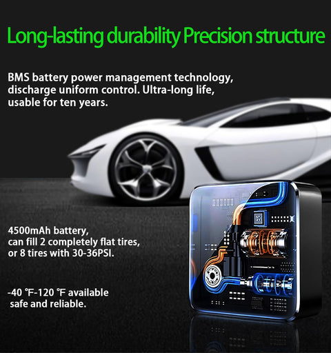 Portable Tire Inflator Air Compressor 150 PSI displayed with car, highlighting durability, battery life, and temperature range