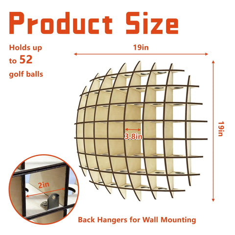 Oak Wood Golf Ball Display Case Wall Mount Rack That Holds Up To Fifty Two Balls With A Modern Grid Design, 19x19 size