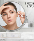 Woman using 3 Pack Precision Face Razor For Women With Secure Grip Bangin Sharp Stainless Micro Blades for eyebrow shaping.