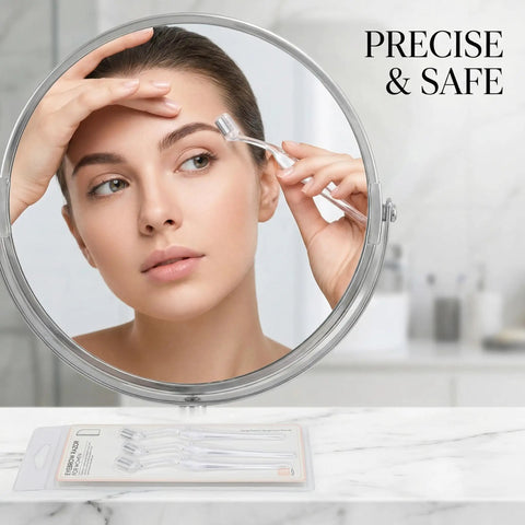 Woman using 3 Pack Precision Face Razor For Women With Secure Grip Bangin Sharp Stainless Micro Blades for eyebrow shaping.