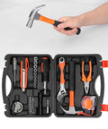 Open DIY Ready Hardware Toolbox Kit With Durable Alloy Steel Tools, hammer in hand, metric tools organized in carrying case.