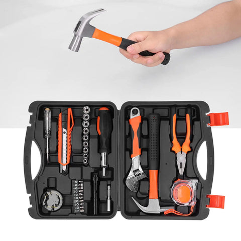 Open DIY Ready Hardware Toolbox Kit With Durable Alloy Steel Tools, hammer in hand, metric tools organized in carrying case.