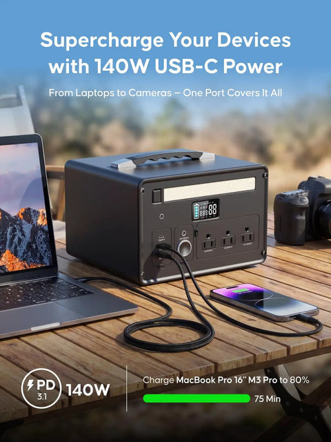 Rugged Portable Power Station Delivering A Solid 1000W Output Loaded With 1008Wh LiFePO4 Cells And A Quick 140W Usb C Port Across Eight Outputs to charge devices on a wooden table.