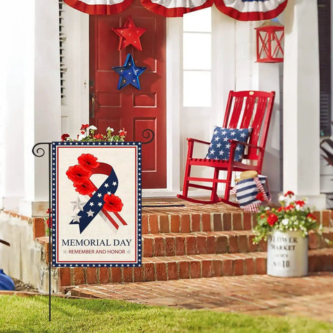 Front porch with Memorial Day Garden Flag 12x18 Inch Double Sided Outdoor Patriot Flag Remembers And Honors Vets for 4th of July