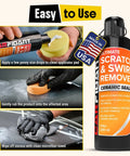 Scratch Repair And Swirl Remover Kit For Cars And Trucks With Buffer Pad And Polishing Compound Eight Point Four Fluid Ounces Car Paint Restorer Waxing And Shine Kit Professional Grade Formula For Quick Results And A Slick Shine bottle with application steps.