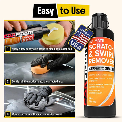 Scratch Repair And Swirl Remover Kit For Cars And Trucks With Buffer Pad And Polishing Compound Eight Point Four Fluid Ounces Car Paint Restorer Waxing And Shine Kit Professional Grade Formula For Quick Results And A Slick Shine bottle with application steps.