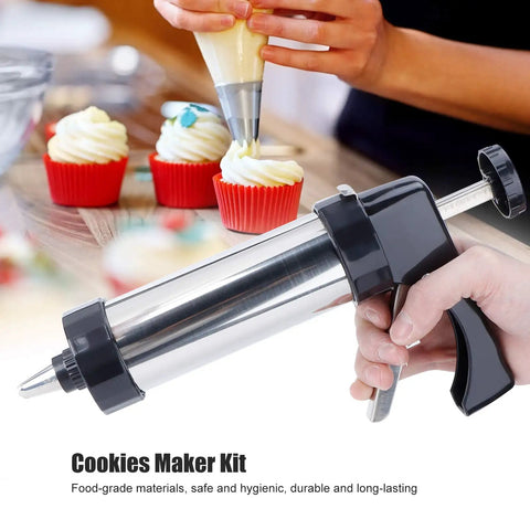 Stainless Steel Cookie Press Kit With Pro Grade 13 Cookie Molds And 7 Decorating Nozzles for Cakes and Pastries in use