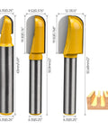 Carbide Router Bits Set With Double Flute Core Box And Round Nose For Woodworking, 1/4 Inch Shank, 1/4, 3/8, 1/2 Inch Cutting Diameters