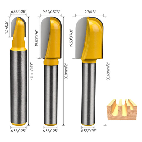 Carbide Router Bits Set With Double Flute Core Box And Round Nose For Woodworking, 1/4 Inch Shank, 1/4, 3/8, 1/2 Inch Cutting Diameters