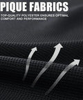 Close-up of the pique fabric of Men's Black Quick-Dry Polo Shirt For Work And Tactical Use showing breathability arrows.