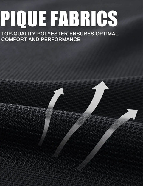 Close-up of the pique fabric of Men's Black Quick-Dry Polo Shirt For Work And Tactical Use showing breathability arrows.