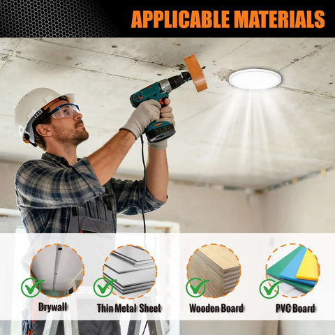 Side view of worker using Luckyway 6-1/4 inch bi-metal hole saw for recessed lights