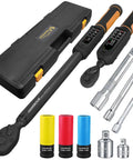 Digital Torque Wrench Set With Dual Direction Ratchets Three Eighths Inch Drive And One Half Inch Drive Range 0.66 To 44.29 Foot Pounds And 3.8 To 250.8 Foot Pounds One Percent Accuracy Vibration Alert Buzzer And LED Includes 11 Accessories displayed with tools and case