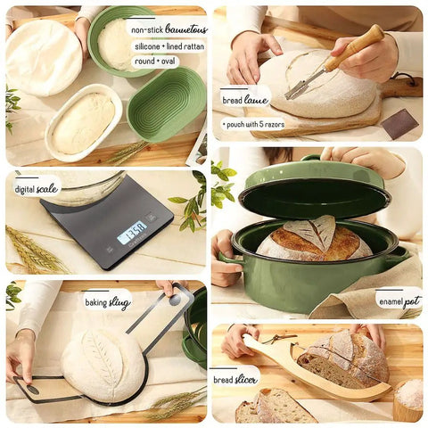 All In One Sourdough Starter Kit With Pot 34 Oz Starter Jar 4 Banneton Baskets Scraper Scale Beginner Guide And Recipes For Homemade Bread Making With Step By Step Guide, Recipe Book, And Pro Tips For Perfect Crust And Fluffy Interior, showing various baking tools and techniques.