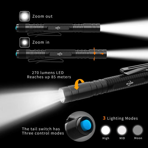 LED Pen Light With Zoomable Beam 270 Lumens Pocket Size Clip Flashlight showing zoom functions and lighting modes