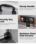 Close-up of medicine lock box features: sturdy handle, security key lock, and stainless steel clad corners, aluminum alloy construction.