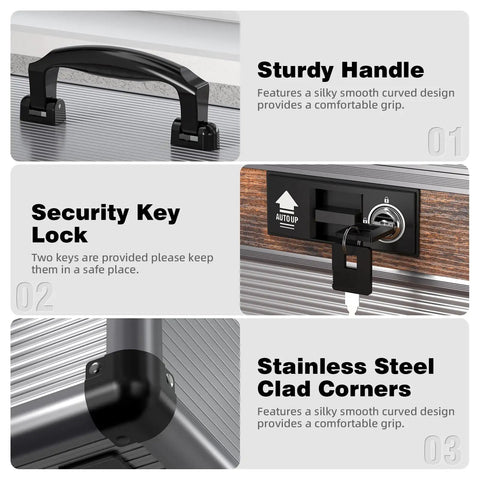 Close-up of medicine lock box features: sturdy handle, security key lock, and stainless steel clad corners, aluminum alloy construction.