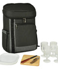 Insulated Cooler Backpack For 4 With Plates And Glasses Lightweight Lunch Pack Featuring hardwood serving board and utensils.