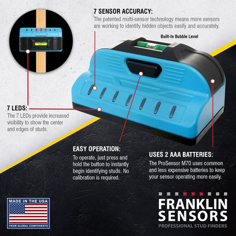 ProSensor Sapphire 7500 7-Sensor Stud Finder and Wall Scanner for Precise Stud Location Up to 1.5 Inches Deep, LED Tracking, DIY Pro-Grade Home Improvement Tool Built for Speed, Deep Detection With LED Center Indicators for Fast, Accurate Mounting of, blue stud finder with built-in bubble level