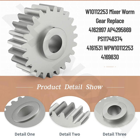 Upgraded Mixer Worm Gear Replacement Kit For Popular Stand Mixers With Durable Heavy Duty All Metal Construction No Plastic Gear WPW10112253 Compatible Includes Replacement Part Numbers 1 Pack Easy Install detail view of metal gear with specifications