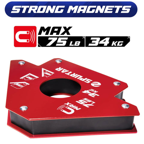 Spurtar welding magnets 75 lb set, red square magnetic clamp with central hole, 6-piece heavy-duty kit