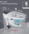 Slick No Sweat Smart Toilet With Built In Bidet Sprayer showing built-in tank dimensions for zero water pressure flushing.