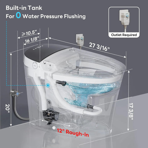Slick No Sweat Smart Toilet With Built In Bidet Sprayer showing built-in tank dimensions for zero water pressure flushing.