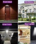 JUDYSSY 128Cob Solar Lights Outdoor Waterproof illuminating a front door, garage carport, patio balcony, and step lights.