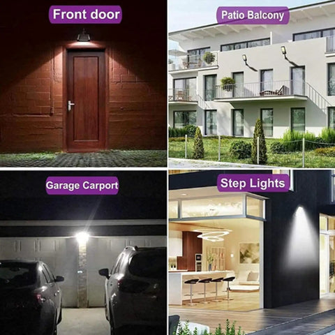 JUDYSSY 128Cob Solar Lights Outdoor Waterproof illuminating a front door, garage carport, patio balcony, and step lights.